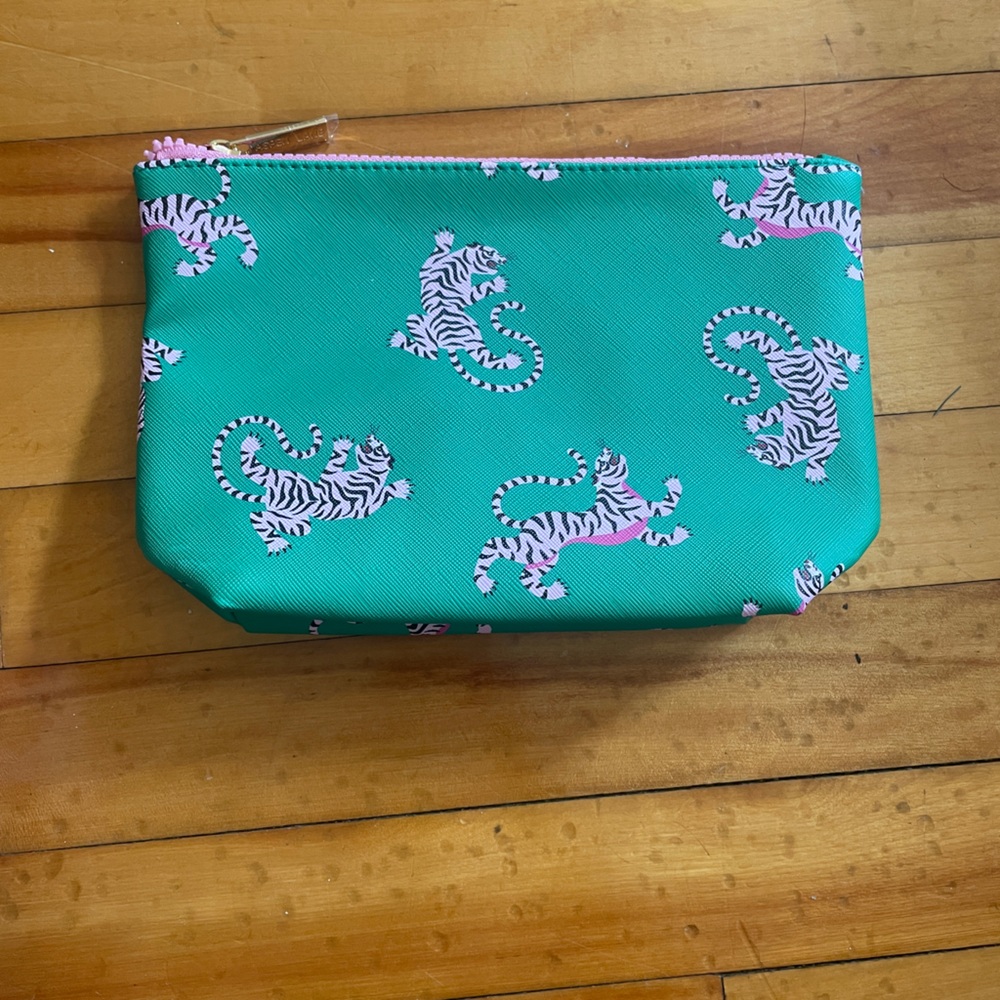 Vibrant Green Cosmetic Bag with Pink Tiger Print